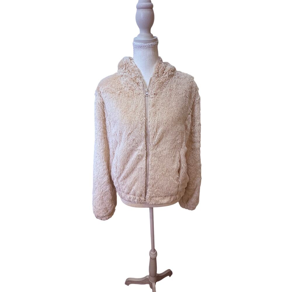Ambiance Outerwear Cream Faux Fur Hooded Zip Jacket Plush Cozy